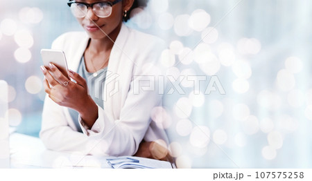 Bokeh, mockup and woman in office with phone, scroll and online research for startup business info. Thinking, ideas and businesswoman at desk with smartphone, website and app at digital agency space. 107575258