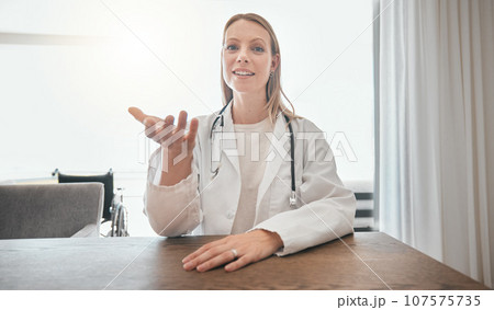 Doctor, video call and portrait of woman in office with consultation, advice and telehealth or healthcare webinar. Nurse, talking or medical conversation, conference or virtual meeting in hospital Doctor, video call and portrait of woman in office with consultation, advice and telehealth or healthcare webinar. Nurse, talking or medical conversation, conference or virtual meeting in hospital 107575735