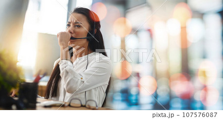 Callcenter agent, woman with cough and sick, health fail and lungs with banner, bokeh with virus or bacteria. Respiratory, pneumonia or tuberculosis with customer service consultant and healthcare 107576087