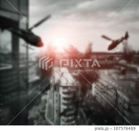 Military, warzone and apocalypse with explosion in city for missile, army and bomb launch. Warrior, solider and target with fight on battlefield for helicopter mission, rocket and nuclear attack Military, warzone and apocalypse with explosion in city for missile, army and bomb launch. Warrior, solider and target with fight on battlefield for helicopter mission, rocket and nuclear attack 107576489