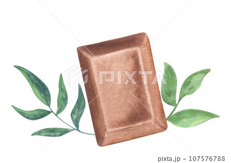 Piece milk chocolate square. Green leaves, mint. Food clipart. Hand drawn watercolor illustration isolated on white background. For logo cafe menu pastry shop Piece milk chocolate square. Green leaves, mint. Food clipart. Hand drawn watercolor illustration isolated on white background. For logo cafe menu pastry shop 107576788