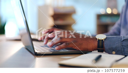 Businessman, laptop and typing at office for communication, project or online research on table. Closeup of male person or employee working on computer for email, writing or schedule planning on desk Businessman, laptop and typing at office for communication, project or online research on table. Closeup of male person or employee working on computer for email, writing or schedule planning on desk 107577259