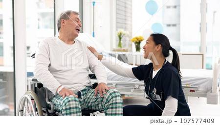 Senior happy man, communication or nurse talking, chat and consulting on medical results, healthcare or rehabilitation. Hospital wheelchair, nursing home caregiver or disabled person listen to doctor Senior happy man, communication or nurse talking, chat and consulting on medical results, healthcare or rehabilitation. Hospital wheelchair, nursing home caregiver or disabled person listen to doctor 107577409