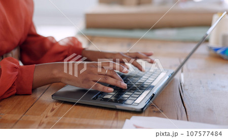 Closeup, business and woman with a laptop, typing and connection with planning, network and internet. Pc, person and employee with website info, workplace and research with online sales and update Closeup, business and woman with a laptop, typing and connection with planning, network and internet. Pc, person and employee with website info, workplace and research with online sales and update 107577484