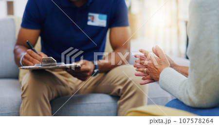 Nurse consulting patient writing on clipboard or medical notes for healthcare service of helping advice. Closeup, doctor or sick person explaining in consultation with paperwork or report documents 107578264