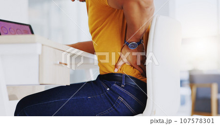 Hands, back pain and business man with injury in office workplace while working on laptop. Spine problem, arthritis and professional person with fibromyalgia, scoliosis or burnout, tired or backache. 107578301