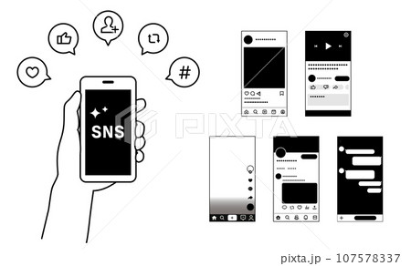 SNSのスマホ画面素材セット_モノクロ SNSのスマホ画面素材セット_モノクロ 107578337