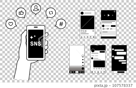 SNSのスマホ画面素材セット_モノクロ SNSのスマホ画面素材セット_モノクロ 107578337