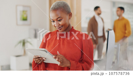 Professional black woman, tablet and reading happy customer experience review, research results or report. Creative, business project and African designer smile for website info, design or feedback Professional black woman, tablet and reading happy customer experience review, research results or report. Creative, business project and African designer smile for website info, design or feedback 107578736