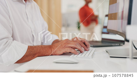 Business hands, computer and office for marketing, social media research and planning or editing report. Professional person or editor typing on desktop for website FAQ, copywriting and information Business hands, computer and office for marketing, social media research and planning or editing report. Professional person or editor typing on desktop for website FAQ, copywriting and information 107578845