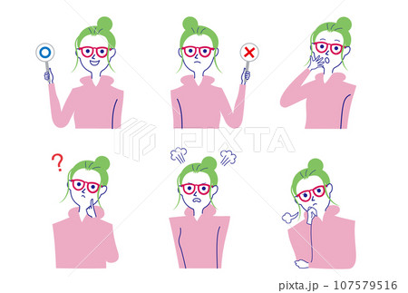 ポニーテールのメガネ女性バストアップポーズセット-2 107579516