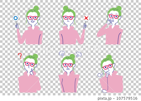 ポニーテールのメガネ女性バストアップポーズセット-2 107579516