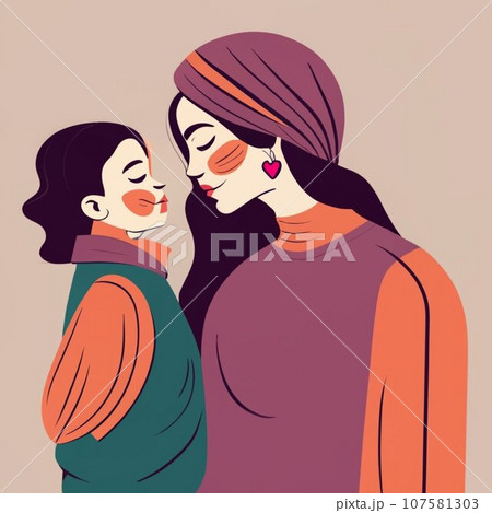 Vector illustration of mom with a baby in her arms, a vase of flowers, a declaration of love to mom and a floral frame for a greeting card, poster or background 107581303