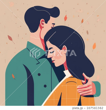 Love tenderness and romantic feelings concept. Young loving smiling couple boy and girl standing hugging embracing each other feeling in love vector illustration Love tenderness and romantic feelings concept. Young loving smiling couple boy and girl standing hugging embracing each other feeling in love vector illustration 107581382