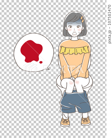 Illustration of a girl surprised by her period in the toilet Illustration of a girl surprised by her period in the toilet 107581470