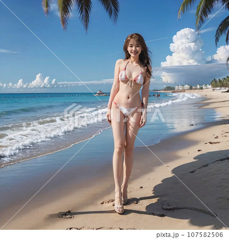 モルディブのビーチで笑顔で歩くビキニ水着の女性　AI画像　AI写真 107582506