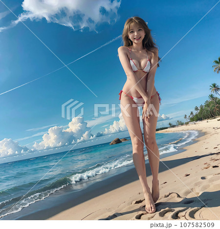 モルディブのビーチで笑顔で歩くビキニ水着の女性　AI画像　AI写真 107582509