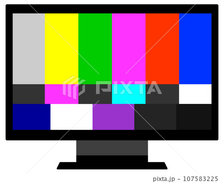 テレビ画面にカラフルなテスト用の放送画面が表示しているイラスト 107583225