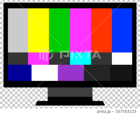 テレビ画面にカラフルなテスト用の放送画面が表示しているイラスト 107583225