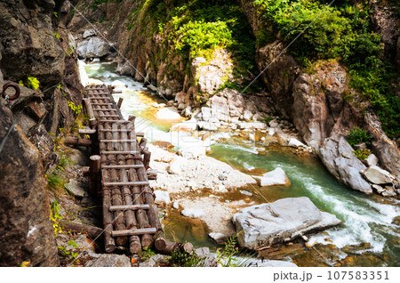黒部渓谷、下ノ廊下にかかる危険な丸太橋は素朴な芸術品 黒部渓谷、下ノ廊下にかかる危険な丸太橋は素朴な芸術品 107583351