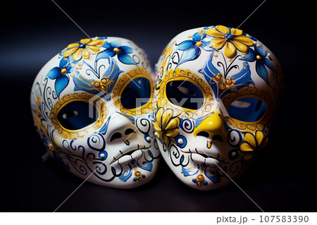 Closeup portrait of Calavera Catrina. Young woman with sugar skull makeup. Dia de los muertos. Day of The Dead. Halloween. 107583390