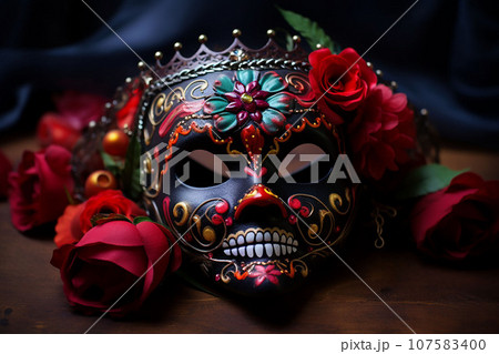 Closeup portrait of Calavera Catrina. Young woman with sugar skull makeup. Dia de los muertos. Day of The Dead. Halloween. 107583400