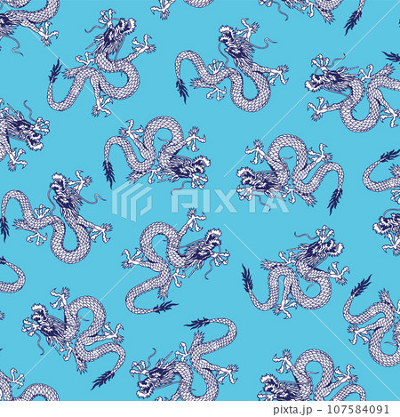 和調に描いた龍を使った連続する柄, 107584091