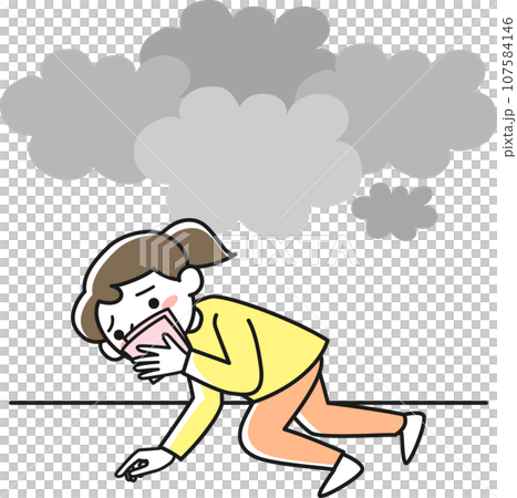 A young woman covers her mouth and nose and evacuates in a low position during a fire. A young woman covers her mouth and nose and evacuates in a low position during a fire. 107584146