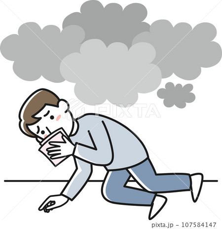 火災時に口と鼻を覆って低い姿勢で避難する若い男性 火災時に口と鼻を覆って低い姿勢で避難する若い男性 107584147