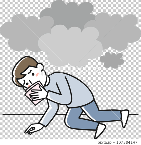 火災時に口と鼻を覆って低い姿勢で避難する若い男性 火災時に口と鼻を覆って低い姿勢で避難する若い男性 107584147
