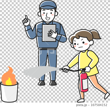 消火器を使った消火訓練をする若い女性と消防署職員 消火器を使った消火訓練をする若い女性と消防署職員 107584152