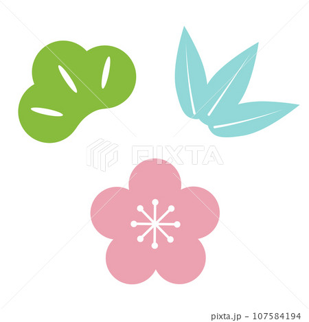 松竹梅アイコン。お正月、年賀状用のイラスト素材。 107584194