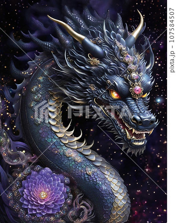 豪華な装飾の黒龍と紫の花の開運 イラスト アート（AI生成画像）の