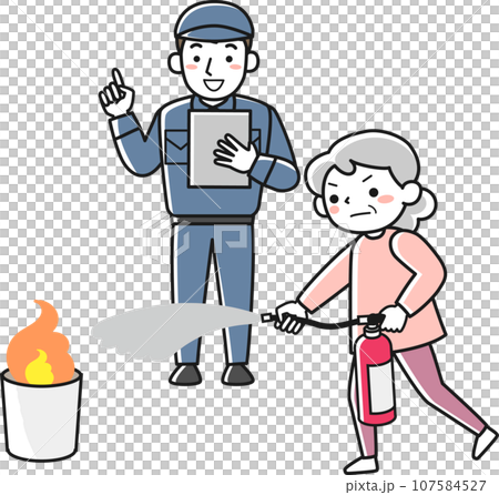 消火器を使った消火訓練をするシニア女性と消防署職員 107584527