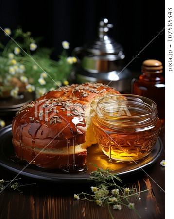 Lush fresh buns with honey and tea on the table. AI 107585343
