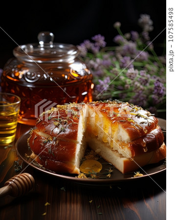 Lush fresh buns with honey and tea on the table. AI 107585498
