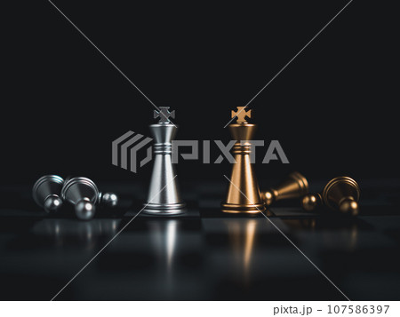 Gold and silver chess pieces in chess board game for business comparison. Leadership concepts, human resource management concepts. Gold and silver chess pieces in chess board game for business comparison. Leadership concepts, human resource management concepts. 107586397