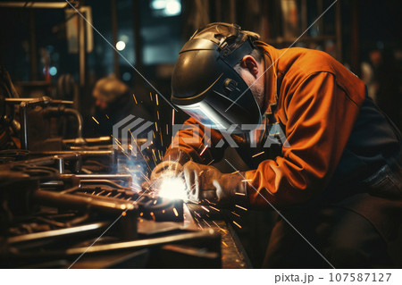 Industrial welder with protective helmet working with arc welding machine 107587127