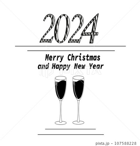 Black and white background of New Year 2024 symbols champagne flute for calendar, flyer and banner 107588228
