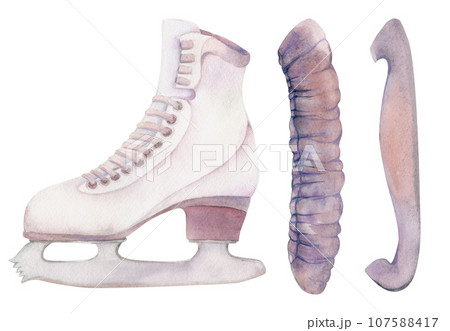 Hand drawn watercolor figure skating boots, guards and soakers, winter sports footwear. Illustration isolated object, white background. Design poster, print, website, card, invitation, shop brochure 107588417