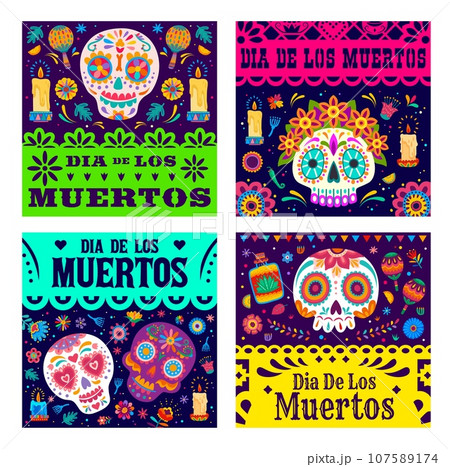 Dia de Los Muertos banners with Mexican papel picado or paper cut flags, vector holiday background. Day of Dead or Dia de Los Muertos holiday banners with Mexican calavera skull and floral ornament 107589174