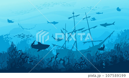 Sea sharks, sunken ship and fish shoal silhouettes in underwater sea landscape, vector background. Undersea coral reef or ocean landscape with sunken boat, stingray and sharks in deep blue water 107589199