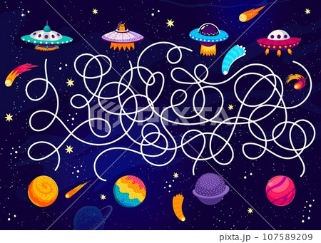 Labyrinth maze quiz game. Help to UFO saucer find a home planet kids puzzle vector worksheet on starry space landscape background. Cartoon comets, stars and nebulae, planets and alien spacecraft game 107589209