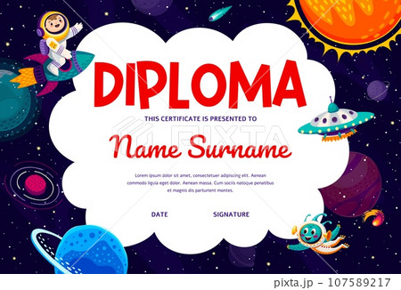 Kids astronaut diploma with spaceman on rocket, space planets and alien UFO at starry galaxy, vector certificate award. School or kindergarten diploma with outer space planets and galaxy spaceship Kids astronaut diploma with spaceman on rocket, space planets and alien UFO at starry galaxy, vector certificate award. School or kindergarten diploma with outer space planets and galaxy spaceship 107589217