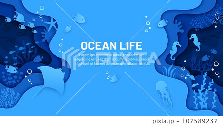 Wildlife banner with sea paper cut landscape, fishes, animals and seaweeds, undersea vector background. Coral reef fish, stingray and seahorse with jellyfish and starfish in underwater papercut layers Wildlife banner with sea paper cut landscape, fishes, animals and seaweeds, undersea vector background. Coral reef fish, stingray and seahorse with jellyfish and starfish in underwater papercut layers 107589237