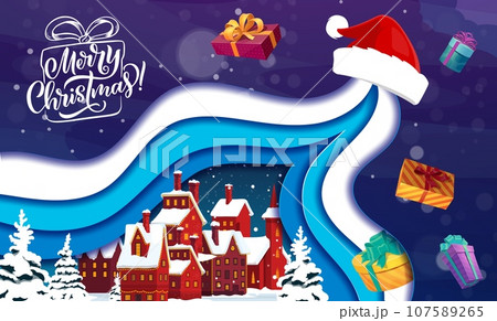 Christmas paper cut greetings with santa hat and little winter town. Vector double exposition 3d effect with cartoon snowy houses, snowfall, pines at holiday eve. Night city landscape with cottages 107589265