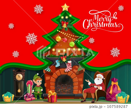Christmas paper cut card with pine tree silhouette, Santa and elf near fireplace. Xmas greeting card or New Year winter holiday paper cut background with Santa Claus character, Christmas stockings Christmas paper cut card with pine tree silhouette, Santa and elf near fireplace. Xmas greeting card or New Year winter holiday paper cut background with Santa Claus character, Christmas stockings 107589287