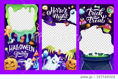 Halloween social media templates for holiday of horror night, vector frames with cartoon monsters. Halloween holiday spooky pumpkin lanterns, scary ghosts with trick or treat sweets and witch cauldron 107589308