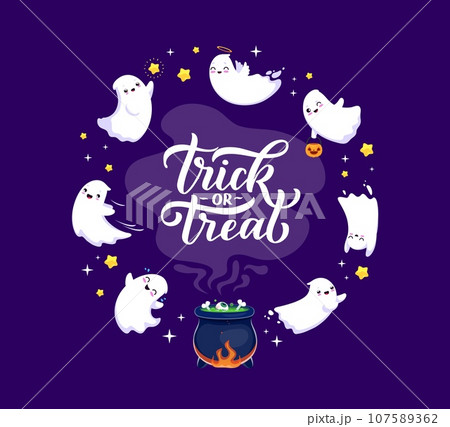 Cartoon kawaii ghosts near Halloween cauldron. Spooky holiday night monsters vector characters flying around witch potion pot with trick or treat pumpkin basket and stars, Halloween holiday poster 107589362