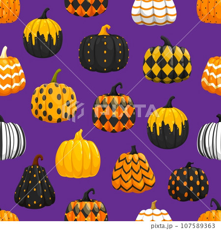 Seamless pattern of halloween painted pumpkins with holiday ornament. Vector tile background with colorful gourd plants with black, orange and white decor such as dots, rhombus, stripes or zig-zag Seamless pattern of halloween painted pumpkins with holiday ornament. Vector tile background with colorful gourd plants with black, orange and white decor such as dots, rhombus, stripes or zig-zag 107589363